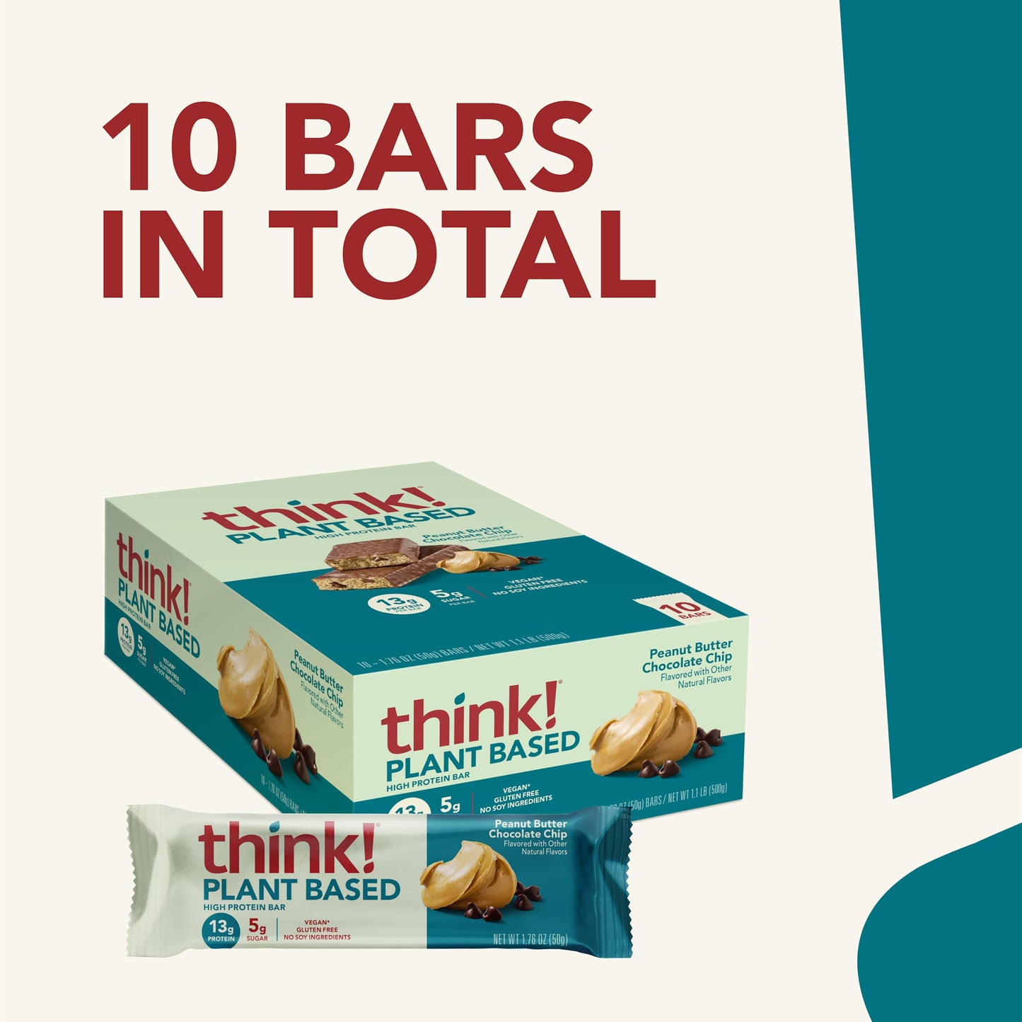 think! Vegan/Plant Based High Protein Bars - Peanut Butter Chocolate Chip, 13g Protein, 5g Sugar, No Artificial Sweeteners, Non