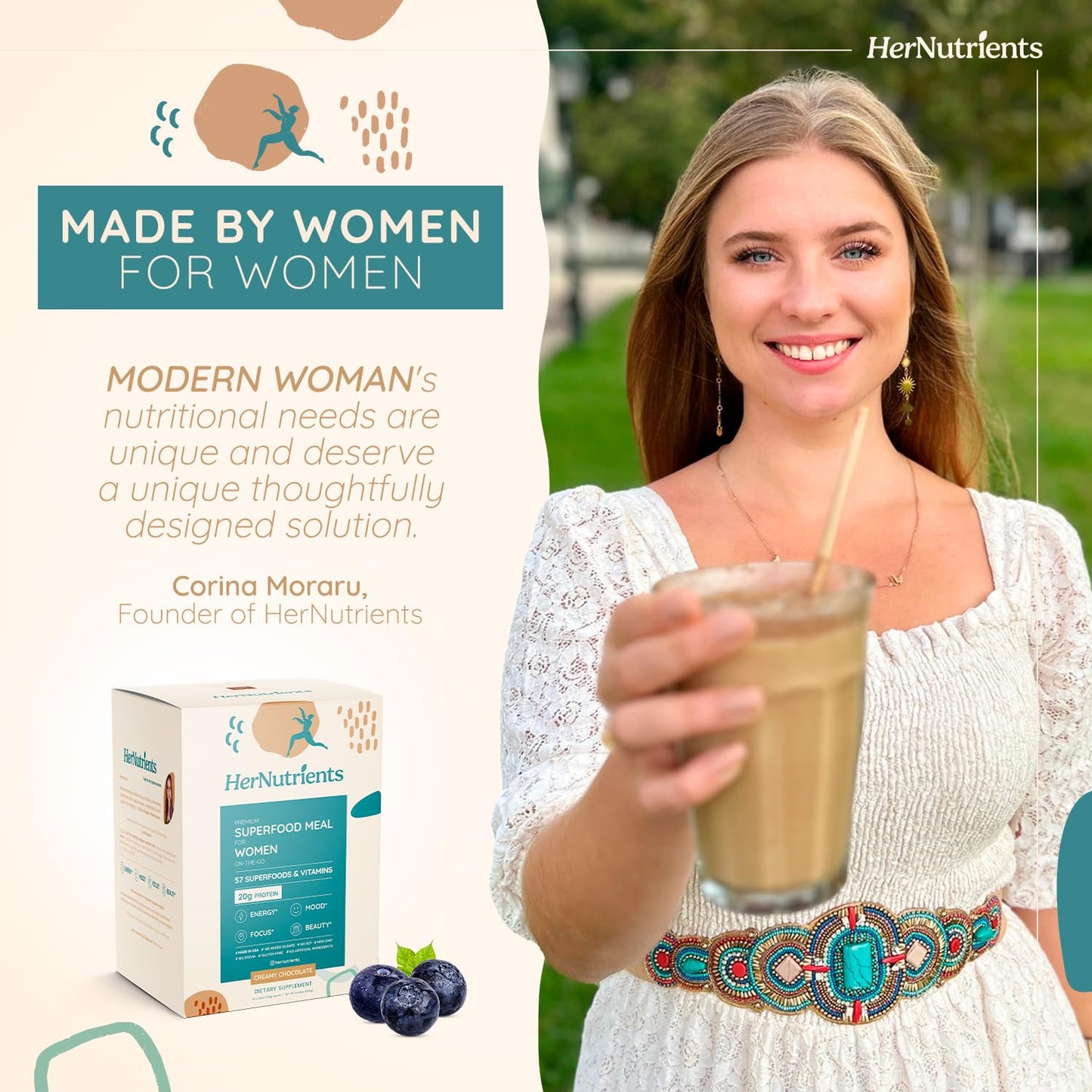 Superfood Meal Replacement For Women - All-In-One Protein Powder With Greens & Vitamins & Collagen | Chocolate Protein Shake For