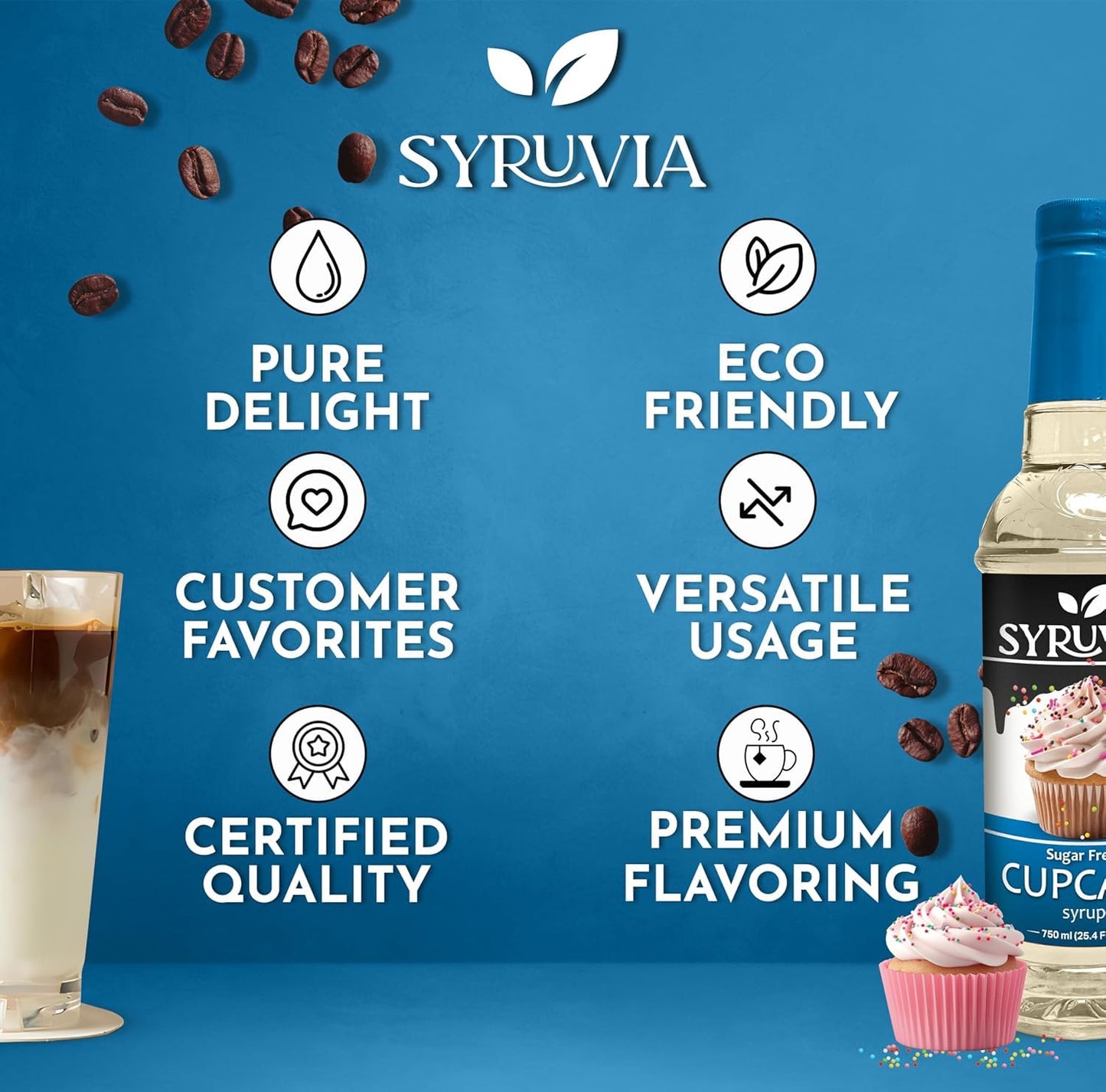 Syruvia Sugar-Free Cupcake Coffee Syrup - 25.4 fl oz Premium Coffee Flavoring Syrup. 0 Calories, Kosher, and Gluten-Free. Ideal