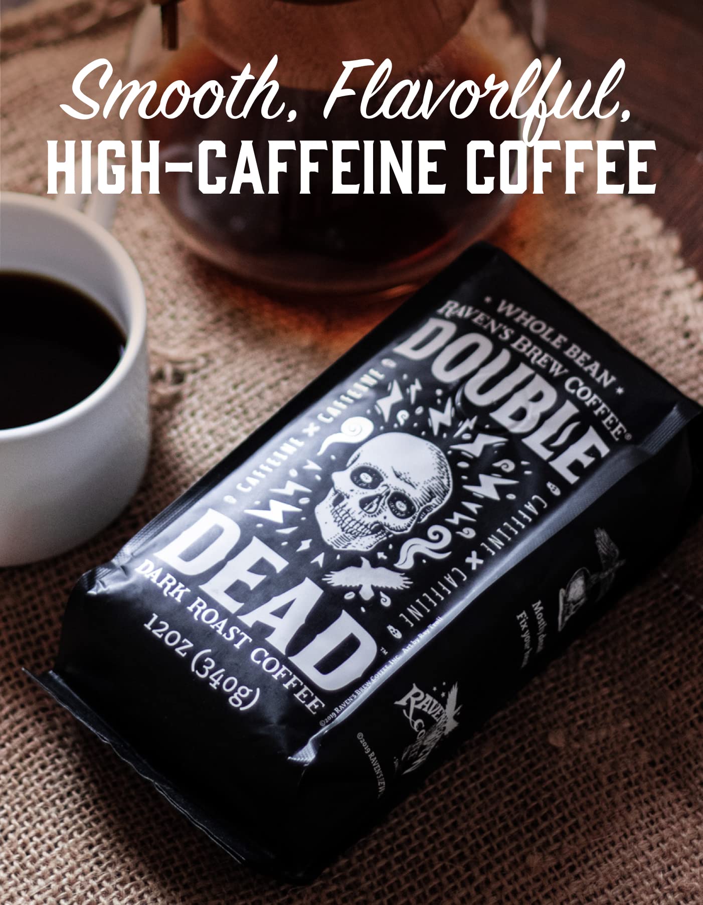Raven’s Brew Coffee Double Dead Dark Roast Ground Coffee, High Caffeine, 12 oz