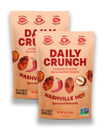 Daily Crunch Sprouted Almonds, 5 Ounce Resealable Bags (Nashville Hot, 2 Pack) Packaging May Vary - Sprouted And Dehydrated For