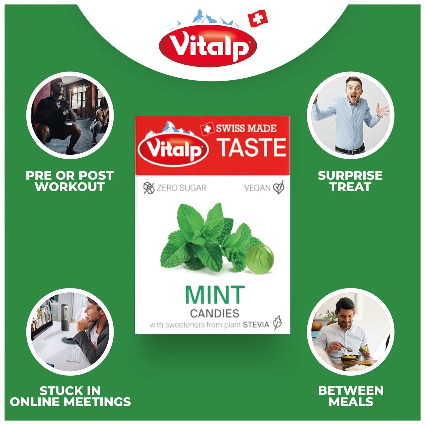 Vitalp Taste, Swiss Made, Sugar Free Candy With Stevia, Vegan, Mint Flavor, 25G/0.88 Ounce Packs, 16 Boxes
