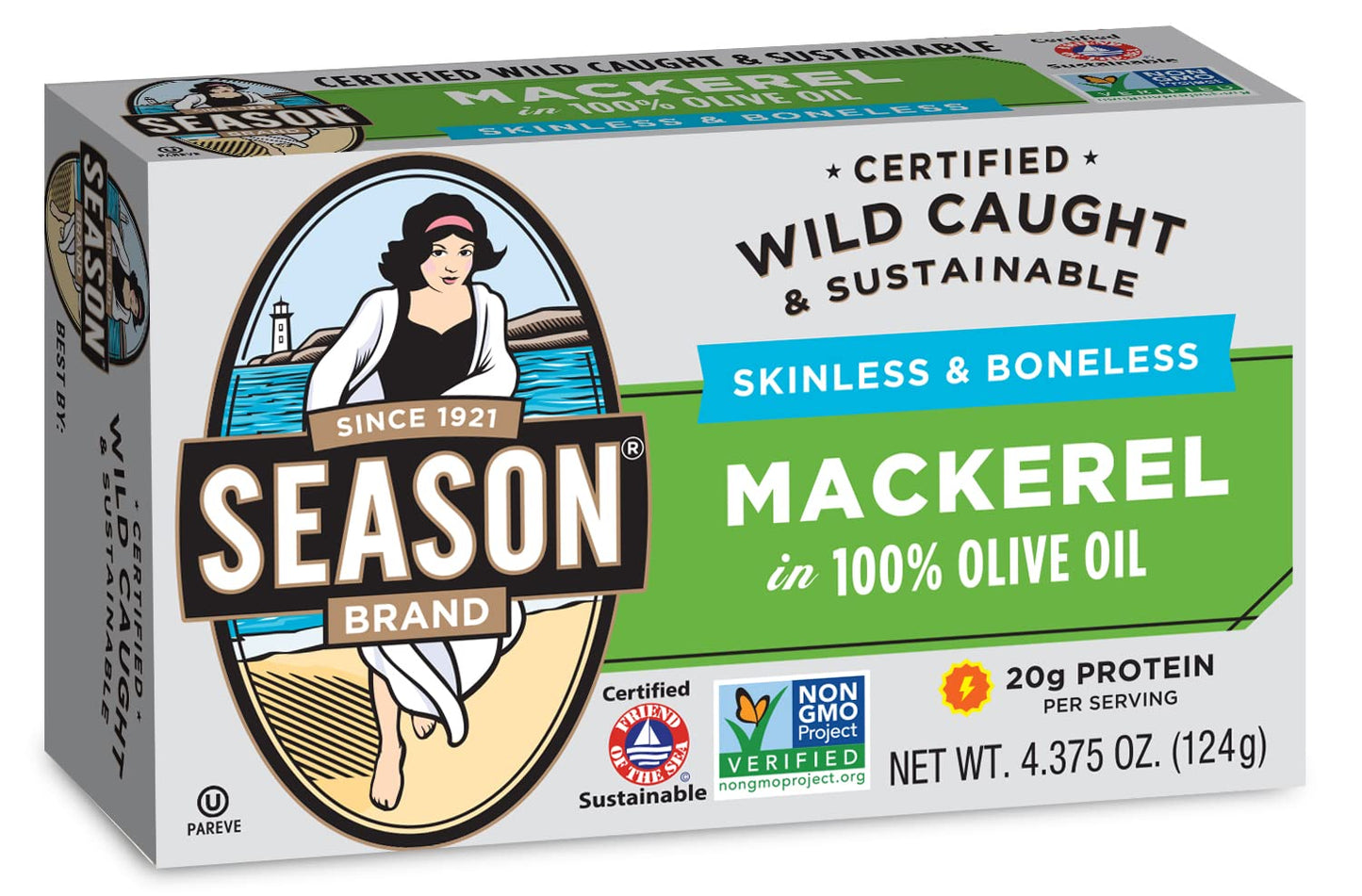 Season Mackerel in Olive Oil - Skinless & Boneless, Wild Caught Fish, Keto Snacks, Canned Mackerel Fillets, Full of Vitamins, Lo
