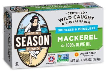 Season Mackerel In Olive Oil - Skinless & Boneless, Wild Caught, Keto Snacks, Canned Mackerel Fillets, Full Of Vitamins, Low In Mercury, Kosher, Non-Gmo, 20G Of Protein - 4.37 Oz, 12-Pack