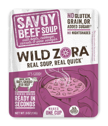 Wild Zora Instant Keto-Friendly Soups Savoy Beef 8-pack Broth Made with 100% Grass-Fed Beef, and Vegetables, Gluten-Free, Low Ca