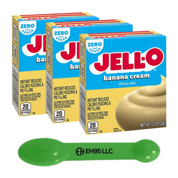 (Pack of 3) Jell-O Banana Cream Instant Reduce Calorie Pudding & Pie Filling Mix 0.9 oz - 2 in 1 Measuring Spoon Included