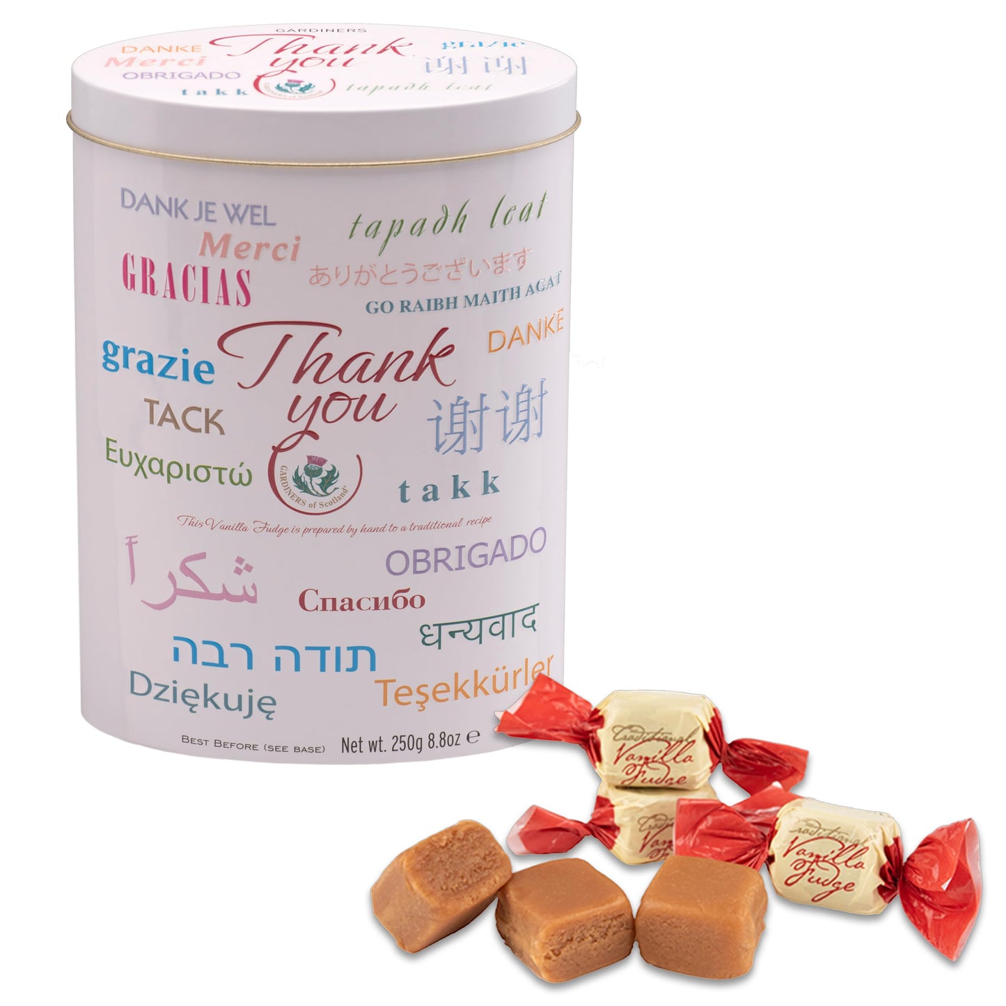 Gardiners of Scotland Handmade Fudge 250g Tin, Thank You Languages Vanilla Fudge