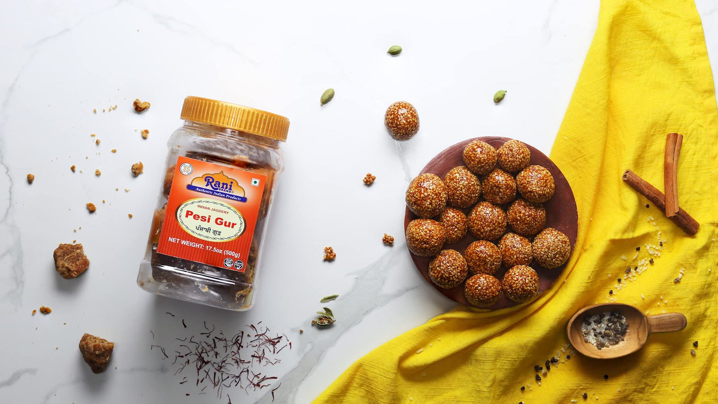 Rani Pesi Gur (Jaggery) Indian Unrefined Raw Cane Sugar 17.5oz (1.1lbs) 500g PET Jar ~ Gluten Friendly | Vegan | NON-GMO | No Sa