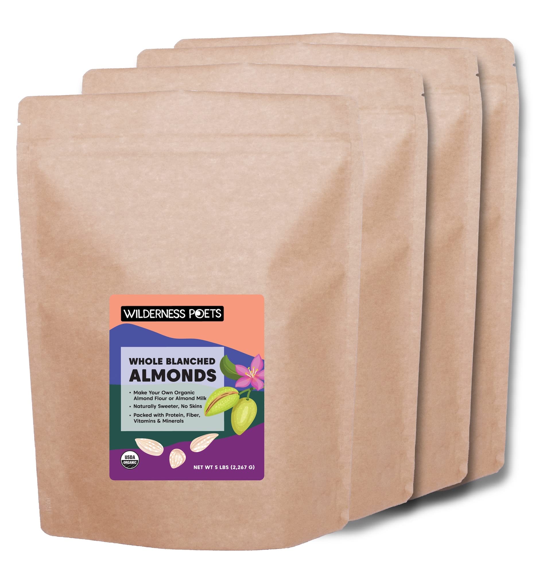 Wilderness Poets, Organic Blanched Almonds - Whole California-Grown Almond Nuts With No Skins - 5 Pound (Pack Of 4)