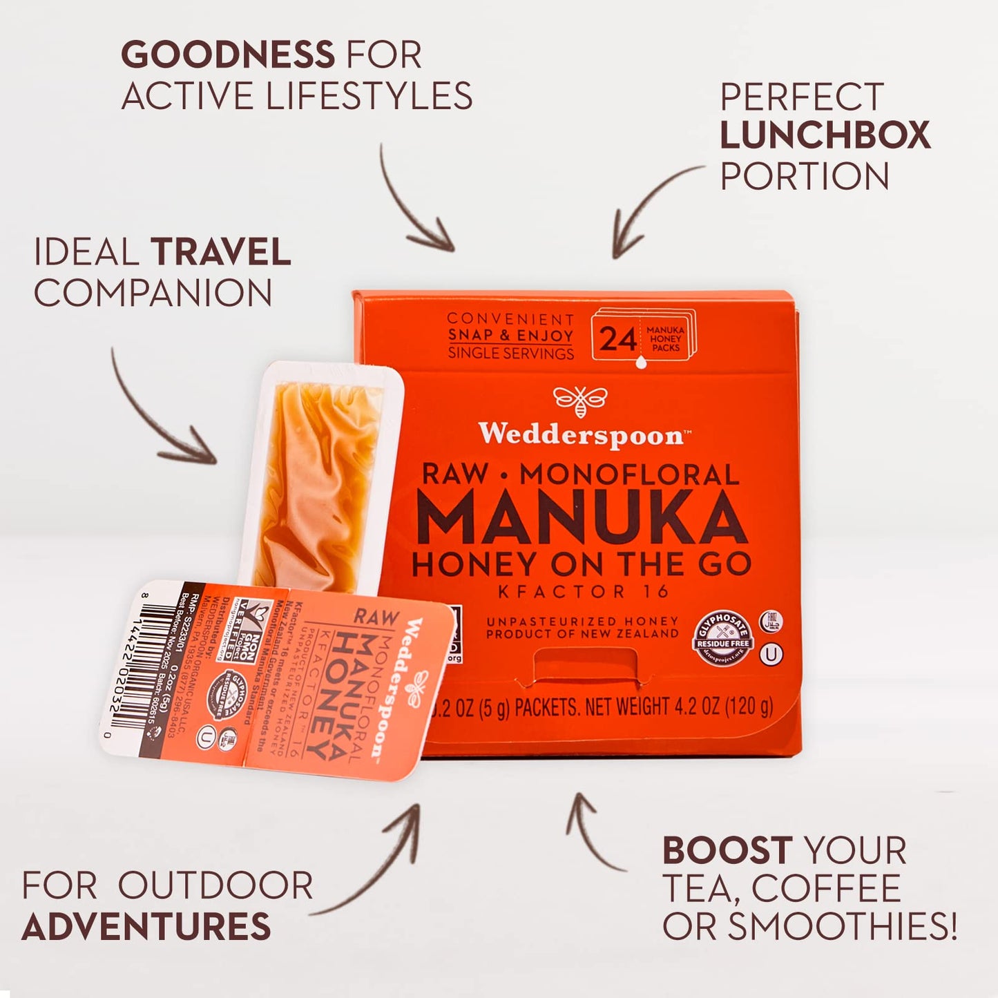 Wedderspoon Raw Manuka Honey KFactor 16, Unpasteurized, 4.2 Oz (24 Travel Packs), Genuine New Zealand Honey, Traceable Quality