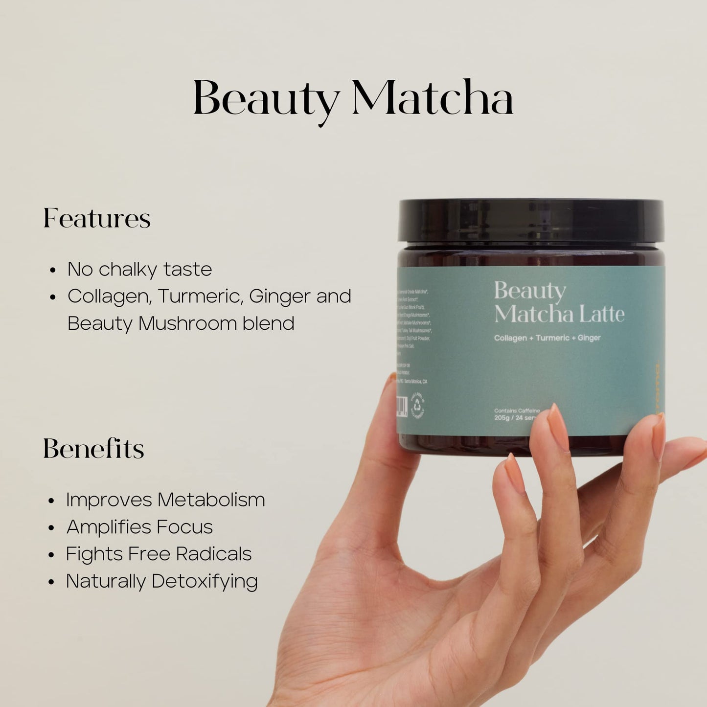 KROMA. Beauty Matcha Latte Powder, Collagen Ceremonial Grade, 7.18 Oz, 24 Servings, with Ginger & Turmeric, Adaptogenic Mushrooms