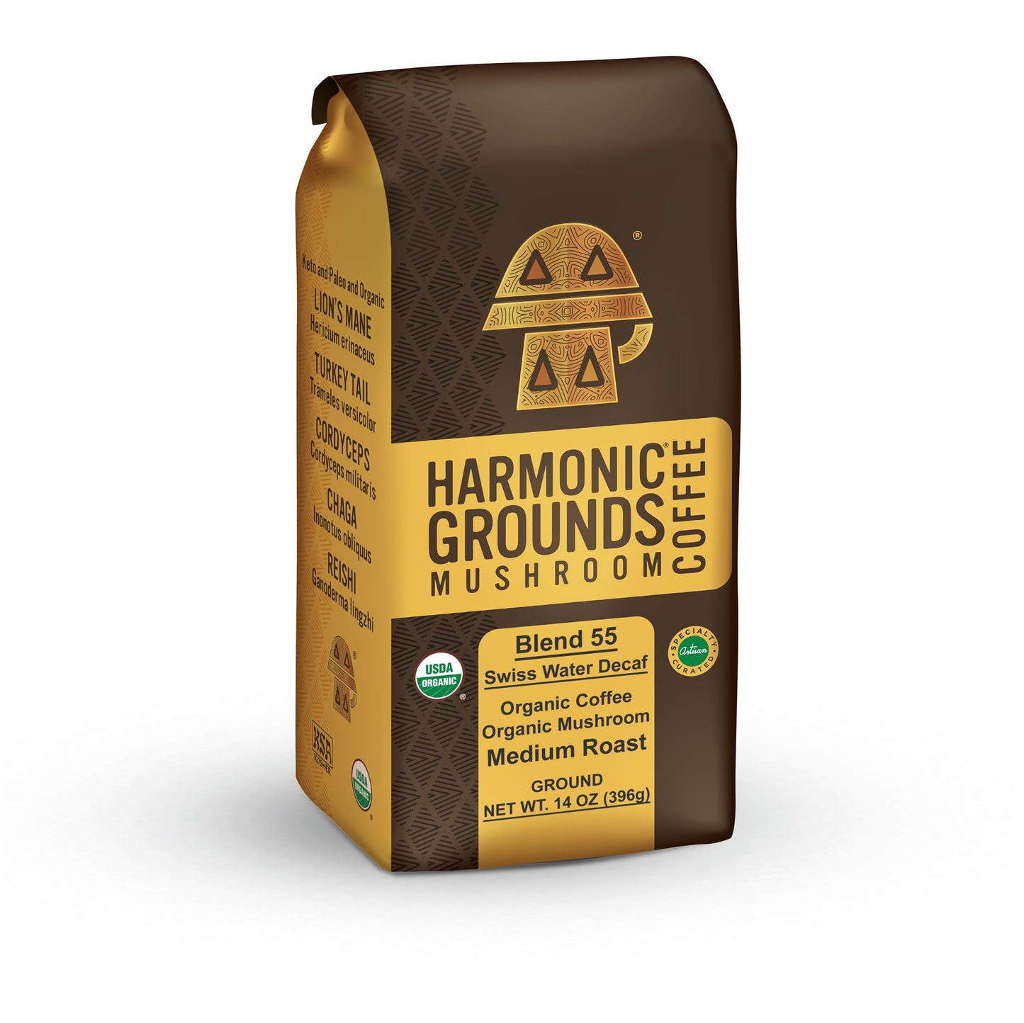 Harmonic Grounds Swiss Water Decaf | Organic Medium Roast Ground Coffee With Functional Mushrooms | Lions Mane Reishi Chaga Cordyceps Turkey Tail | Fruiting Body Only | No Energy Blend | 14 Oz