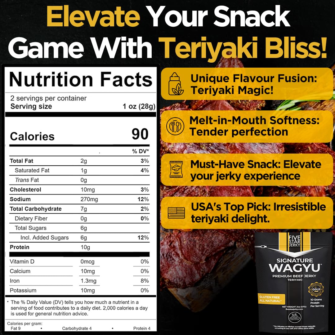 Five Star Wagyu Teriyaki Beef Jerky, Soft & Mouth Melting Tender Jerky, Award-Winning Premium Beef Jerky, No Artificial Ingredie