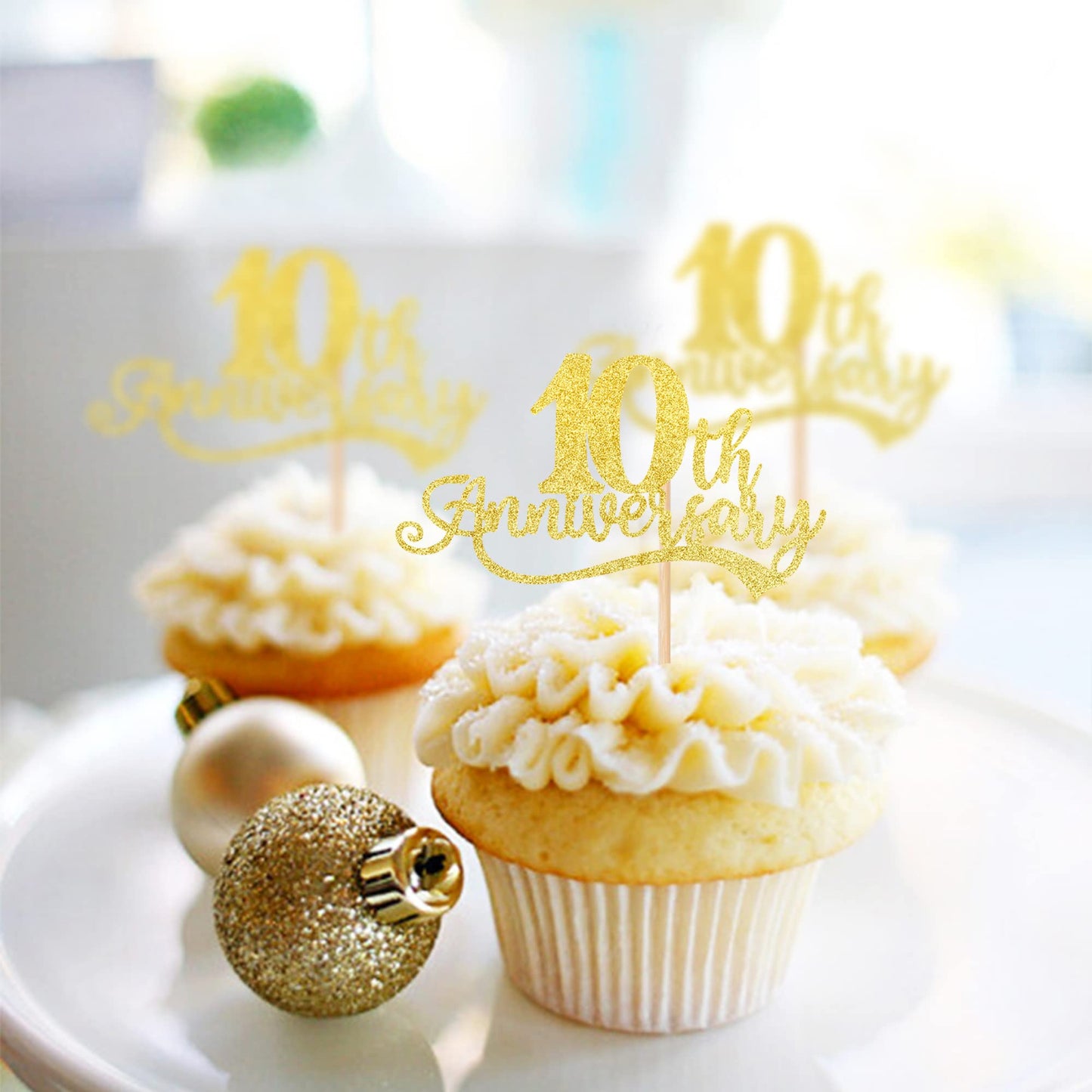 Rssta i Cupcake Toppers Gold Cheers to 10 Years 24 Pack 2.8x4.1 inches for 10th Anniversary Birthday Party Decorations