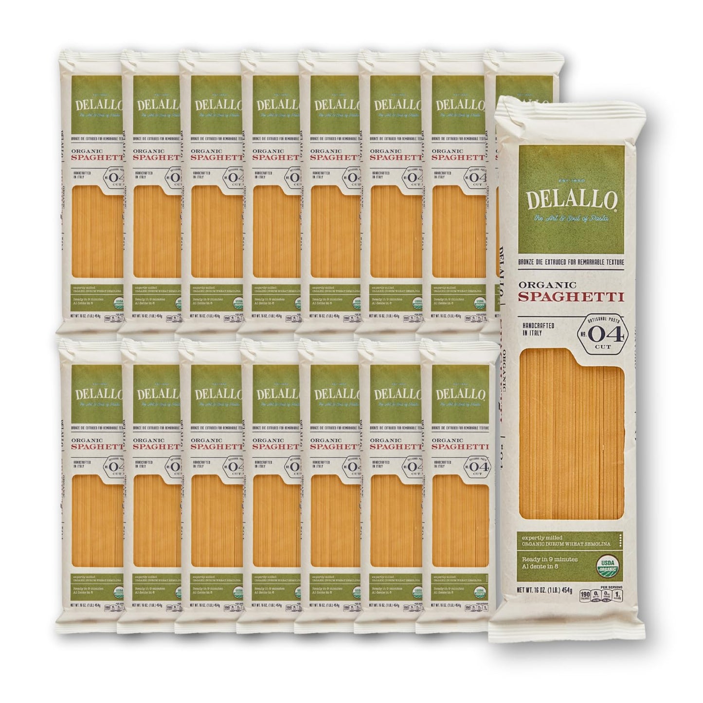 DeLallo Organic Spaghetti Pasta, Made in Italy with 100% Certified Organic Semolina Durum Wheat Flour, Bronze Cut, Non-GMO, Kosher, Vegan, 1 Pound Bag, (16 Pack)