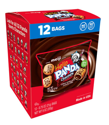 Meiji Hello Panda Cookies, Chocolate Crème Filled - 8 Boxes Of 12 Count, 0.75Oz Bags - Bite Sized Cookies With Fun Panda Sports