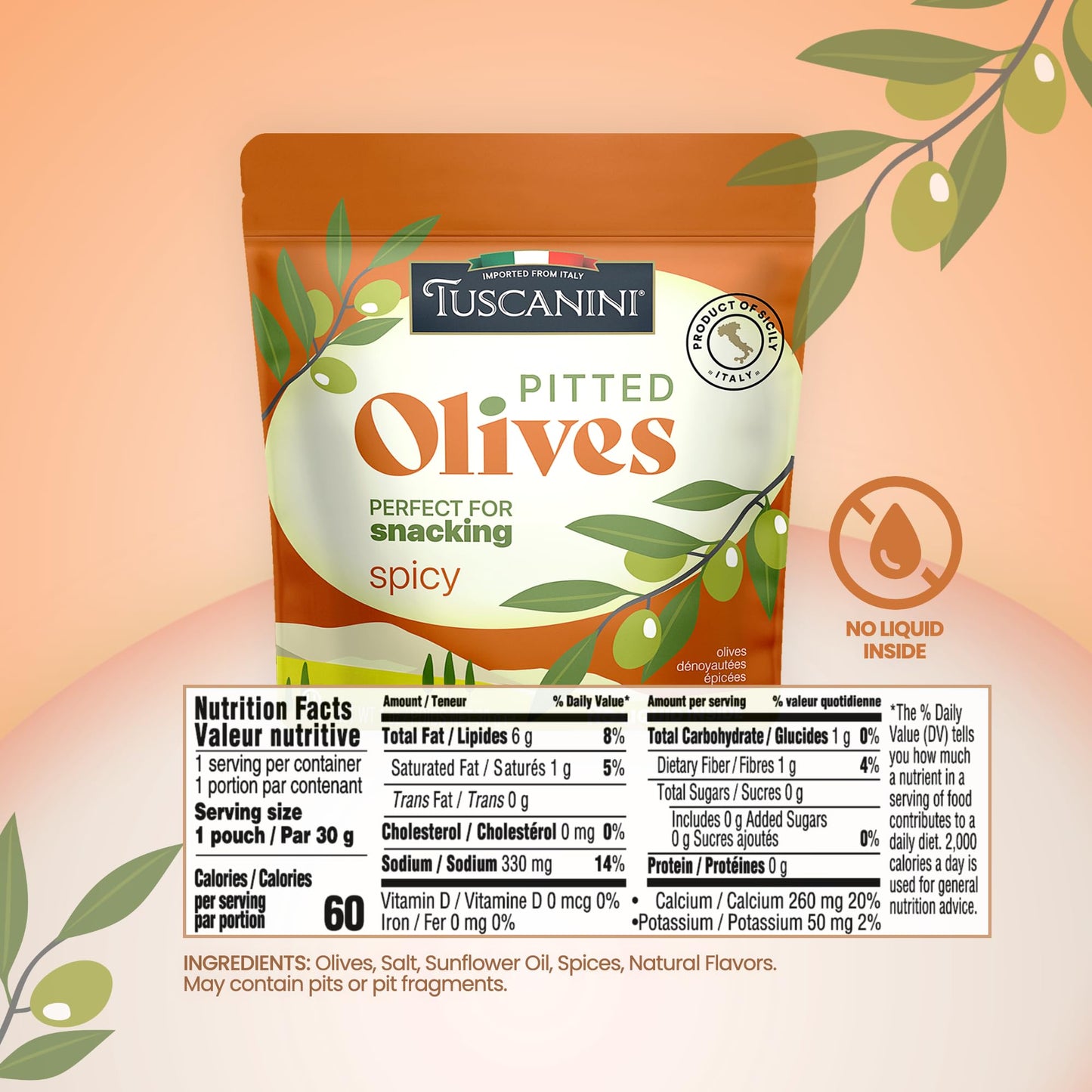 Tuscanini Italian Spicy Pitted Snack Olives, 1 Oz (10 Pack) | Convenient Olive Pouches For Snacking | Salad Topper | Gluten Free