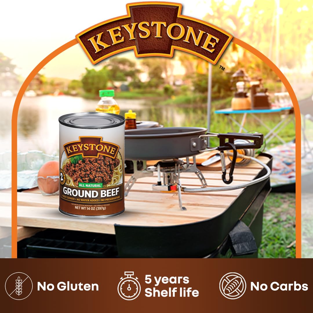 Keystone Meats All Natural Heat and Serve Ground Beef 14 oz - Fully Cooked Canned Meat - Ready to Eat - 5-Year Shelf Life - Pant