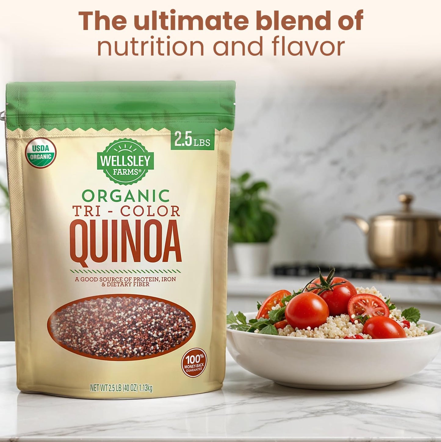 Wellsley Farms Organic Tri-Color Quinoa | Usda Certified Organic, Gluten-Free, Non-Gmo, Kosher | Vegan Protein Source | High Fib