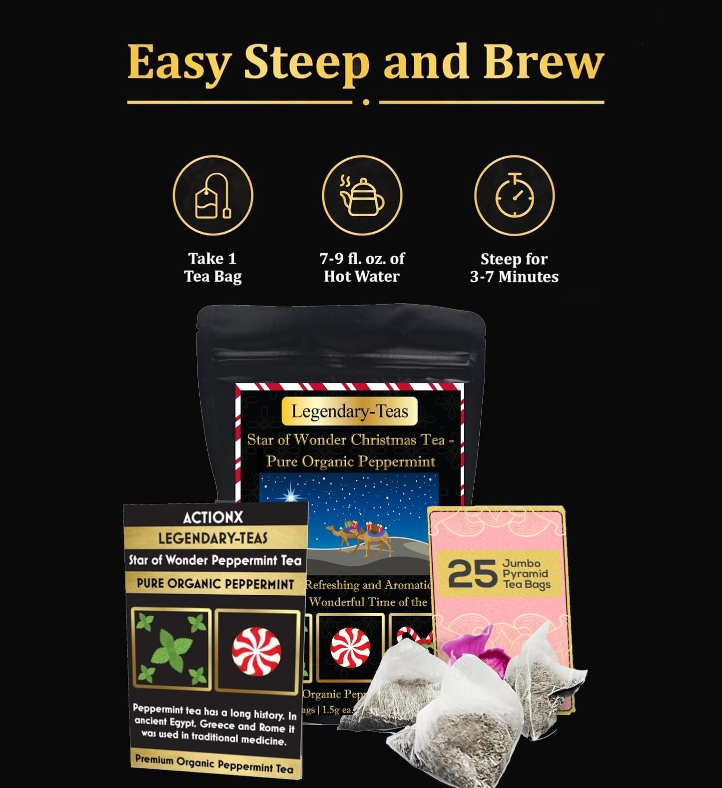 Legendary-Teas Star Of Wonder Peppermint Tea - 25 Pack - Pyramid Tea Bags Sealed In Foil Pouches (Pure Peppermint Tea, 25 Pack P