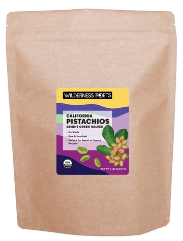 Wilderness Poets, Organic Pistachios - Bright Green Pistachio Nut Halves, No Salt, No Shells, Grown In California (5 Pound)