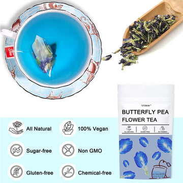 Tztzbom Butterfly Pea Tea - 20 Pyramid Tea Bags - Premium Dried Butterfly Pea Flower For Food, Iced Tea, Cooler, Cocktails, Mock