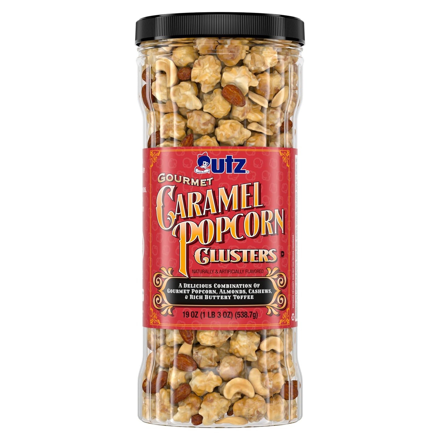 Utz Gourmet Popcorn Clusters Caramel Nut Clusters - 19 Oz. Barrel - Crunchy Popcorn Snack Mix With Almonds Cashews And Buttery Toffee Trans Fat Free Cholesterol Free Gluten Free Snacks