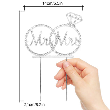 Mr & Mrs Cake Topper For Wedding Anniversary Rings Crystal Rhinestone Party Decoration (Silver)