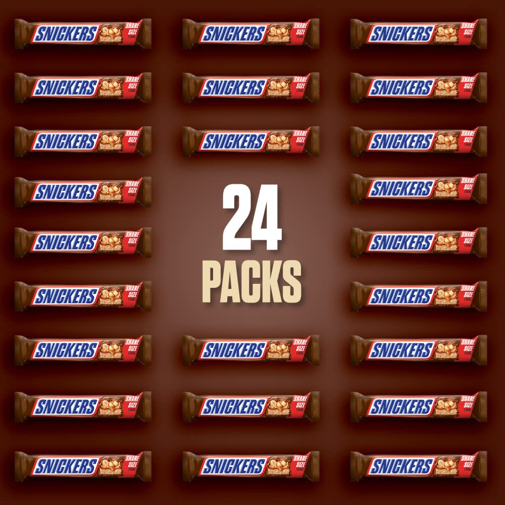 Snickers Milk Chocolate Candy Bars - Individually Wrapped Share Size Milk Chocolate Bars, 3.29 Oz, Pack Of 24 Bulk Box