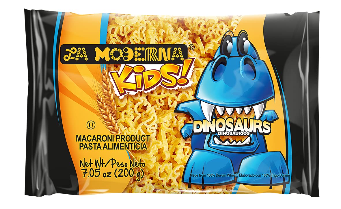 La Moderna Kids Dinosaur Pasta, Noodles, Durum Wheat, Protein, Fiber, Vitamins, 7 Oz, Pack of 20