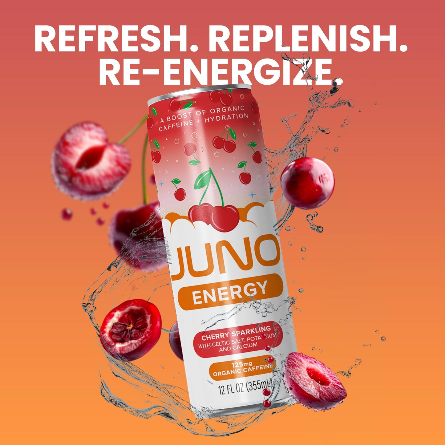 JUNO ENERGY Organic Cherry Sparkling Drink - Sugar Free Electrolytes Energizing and Hydrating with 125mg Organic Caffeine from Green Coffee Beans Organic Monk Fruit Organic Sour and Black Cherry Juice & Electrolytes - Vegan Gluten Free 12 Pack