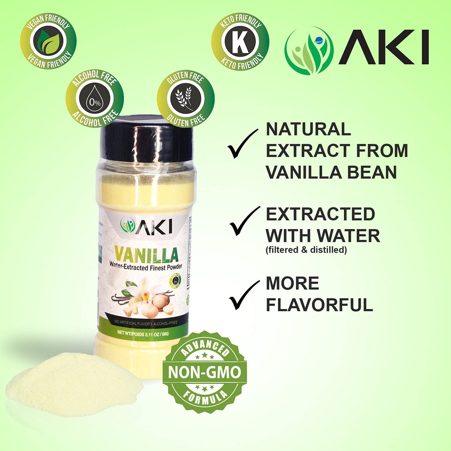 Aki Vanilla Water Extracted Powder From Authentic Beans For Flavoring, Cooking, Baking & Smoothies - Sugar Free & Free - Added 2% Monk Fruit Sweetener - Non-Gmo & Vegan (2.11Oz/60G)