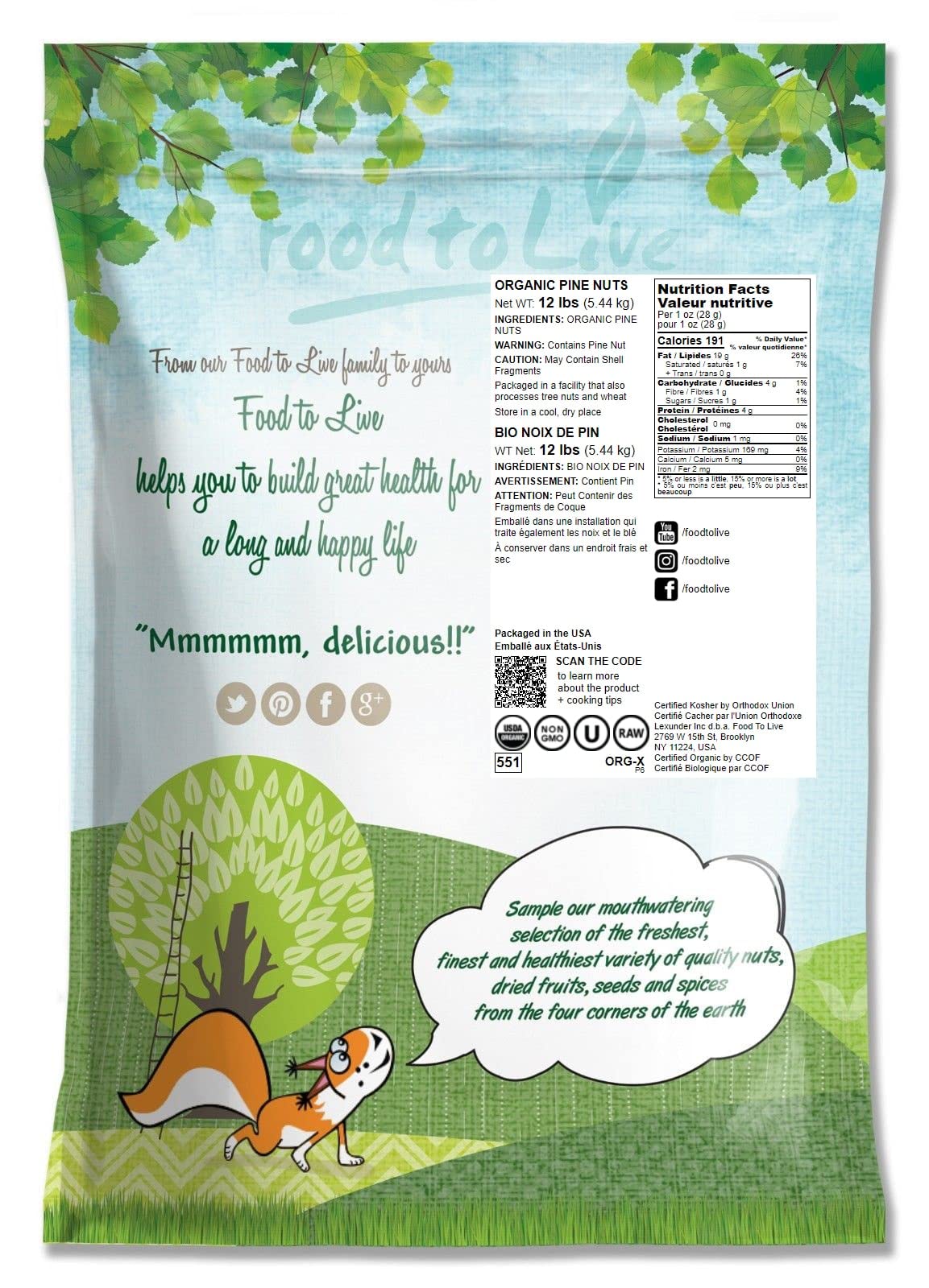 Organic Pine Nuts, 12 Pounds - Non-Gmo, Whole Raw Pignolias, Unsalted, No Shell, Vegan, Kosher, Bulk Snack. Rich In Vitamin E, Protein. Great For Pesto, Salads, Homemade Desserts, And As A Topping.