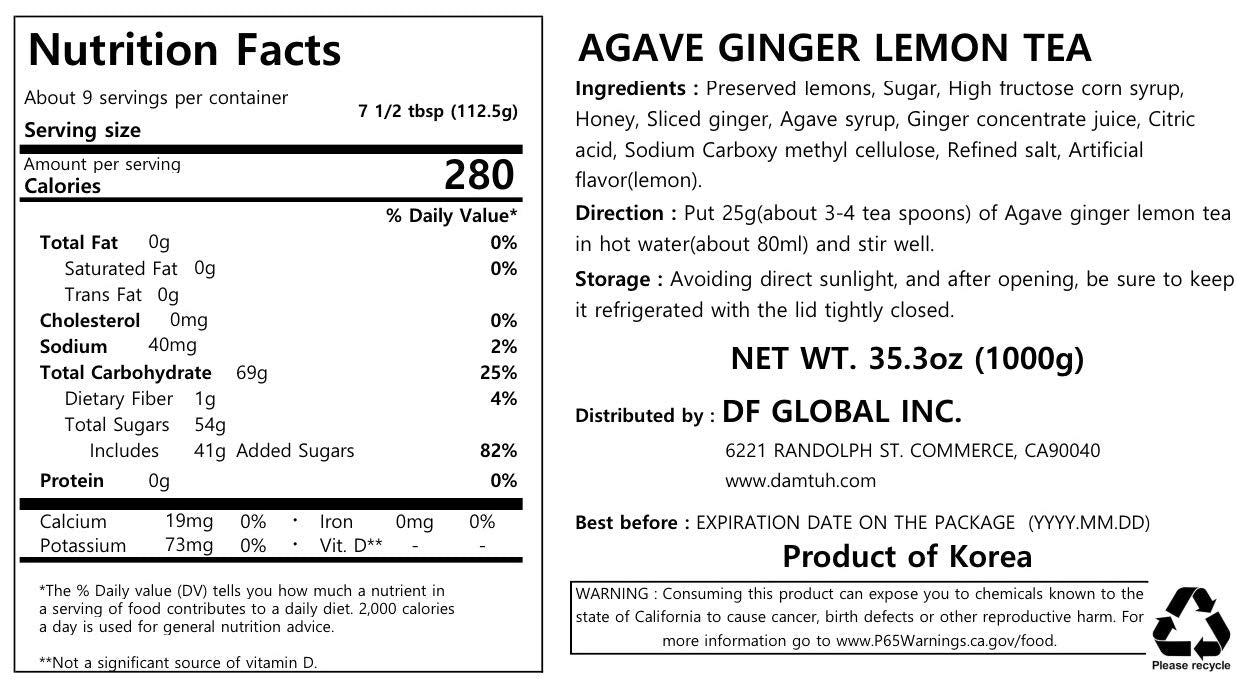 Damtuh Korean Agave Ginger Lemon Tea, Lemon Ginger Tea With Agave, 35.27 Oz 1000G