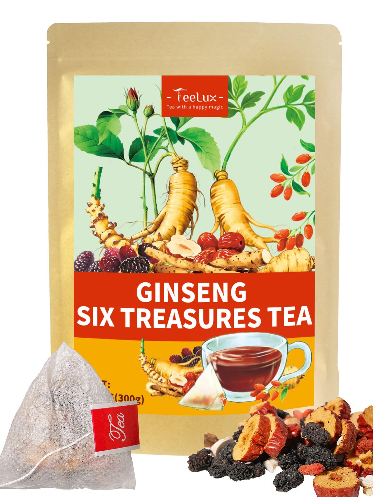 Teelux Flavor Blendseng Six Treasures Tea Traditional Chinese Herbal Tea Blend With Flavor Blendseng Mulberry Goji Berry Yam 30 Biodegradable Pyramid Bags Energy Blend-Free