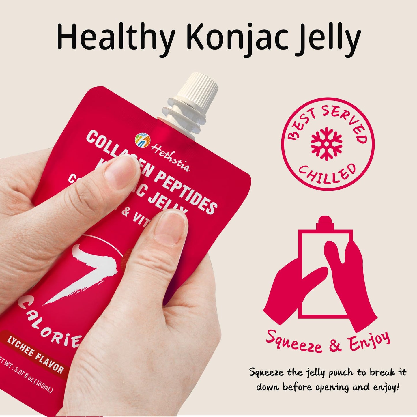 Hethstia Konjac Jelly Squeeze Pouch Lychee Flavor, 10 Packs, 7 Calories, Sugar Free, Gluten Free, Keto, Collagen Peptides, Vitam