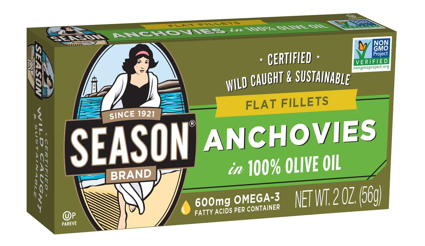 Season Anchovies In Olive Oil - Flat Anchovy Fillets Wild Caught Fish Keto Snacks Canned Anchovies Rich In B Vitamins Low In Mercury Kosher Non-Gmo 600Mg Of Omega-3 - 2 Ounce 12-Pack