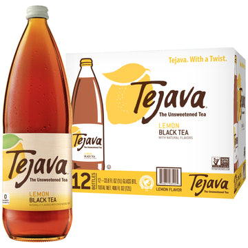 Tejava Lemon Flavored Unsweetened Black Tea, Non-Gmo Verified, Rainforest Alliance Certified, Glass Bottles, 1 Liter, 12 Pack