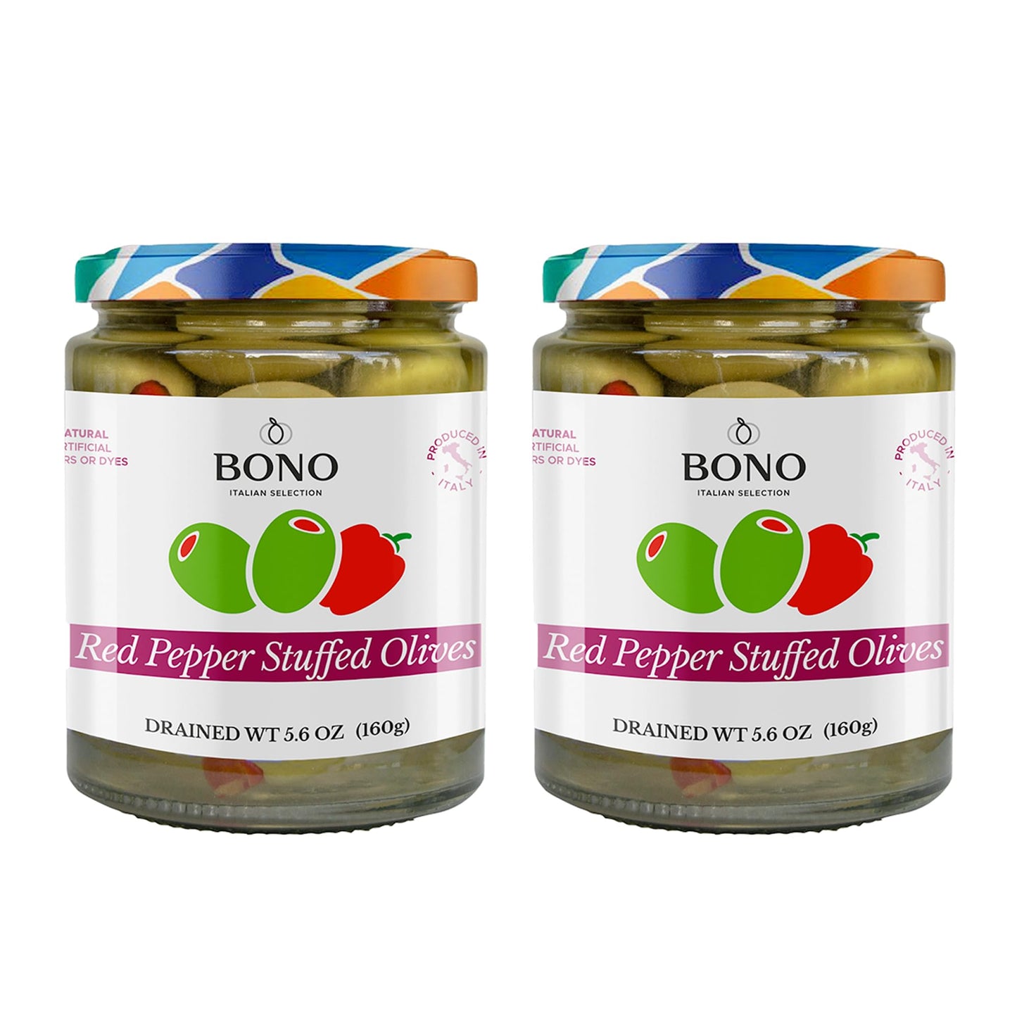 Bono Italian Gourmet Olives | Product Of Italy | All Natural | No Artificial Colors Or Dyes | Non-Gmo Verified (Pack Of 2) (5.6 Oz Red Pepper Stuffed)