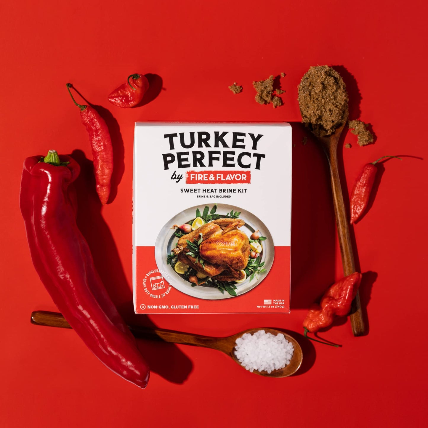 Fire & Flavor Sweet Heat Turkey Brine Kit - Seasonings for Roasting Grilling smoky aroma and Frying Turkeys - Includes Brining Bag