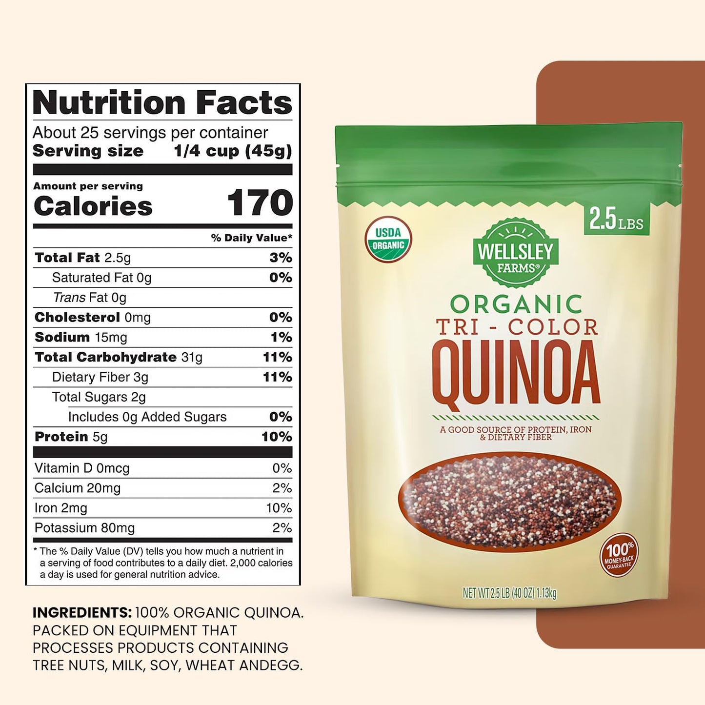 Wellsley Farms Organic Tri-Color Quinoa | Usda Certified Organic, Gluten-Free, Non-Gmo, Kosher | Vegan Protein Source | High Fib