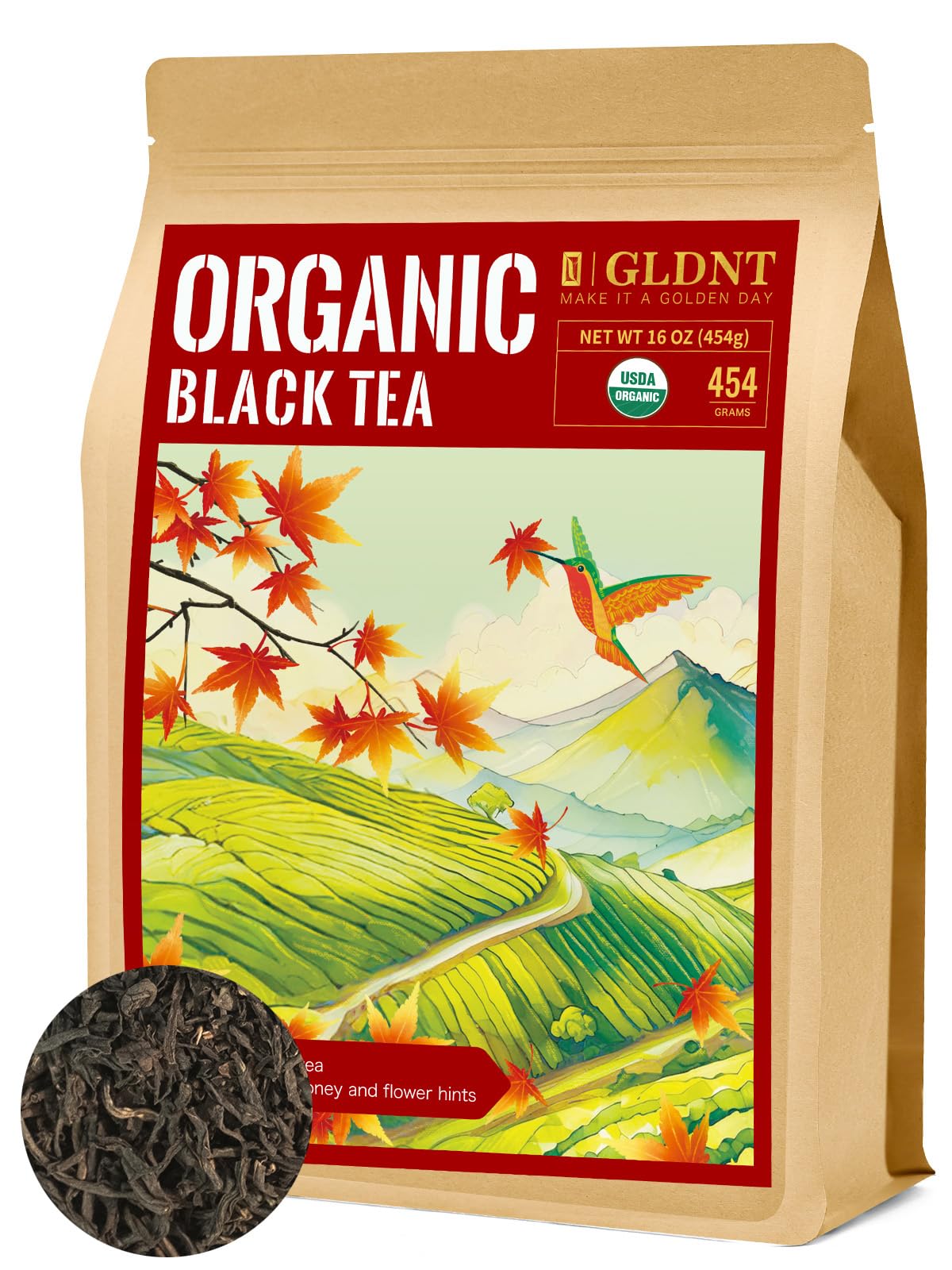Gldnt Organic Black Tea Loose Leaf Natural Organic Black Tea Full-Bodied & Mellow Taste Caffeinated Hot & Iced Tea 16Oz