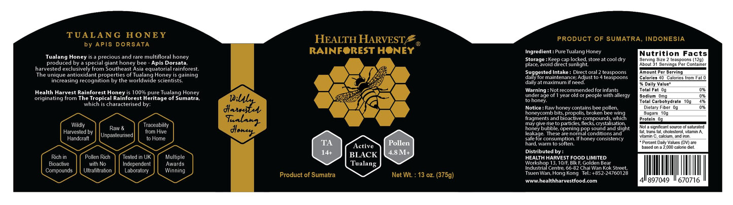 Enhanced Tualang Black Honey 13Oz (Ta 14+, Pollen Count 4.8M+, Pollen Variety 150+) Intense Choice For Men Preservation, Wild-Ripening On 250Ft Treetop, Raw, Unpasteurised, Unfiltered