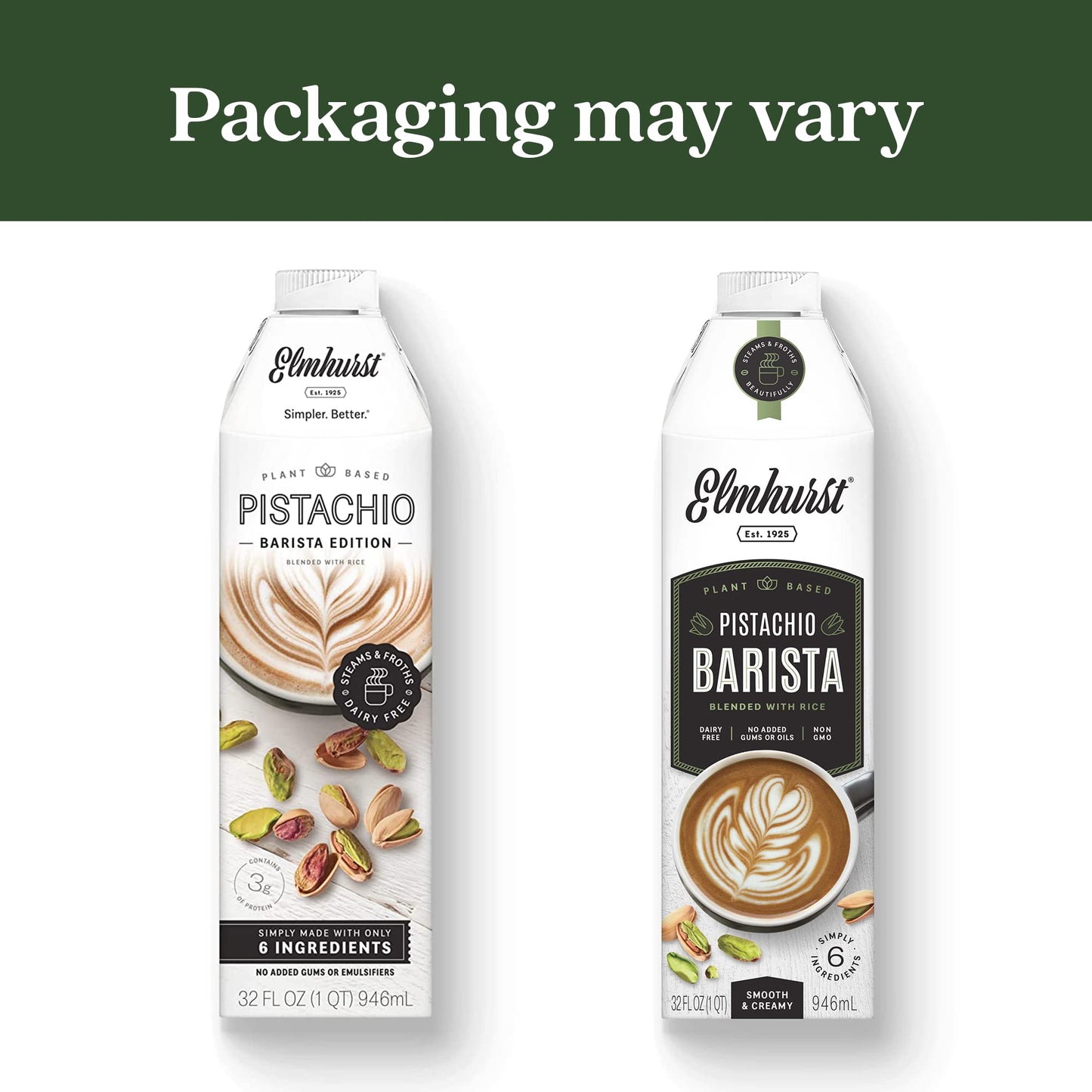 Elmhurst 1925 Pistachio Milk Barista Edition - 32 Ounce (Pack of 6) Plant-Based, Vegan, Dairy-Free, Non-GMO, Kosher, Froths for