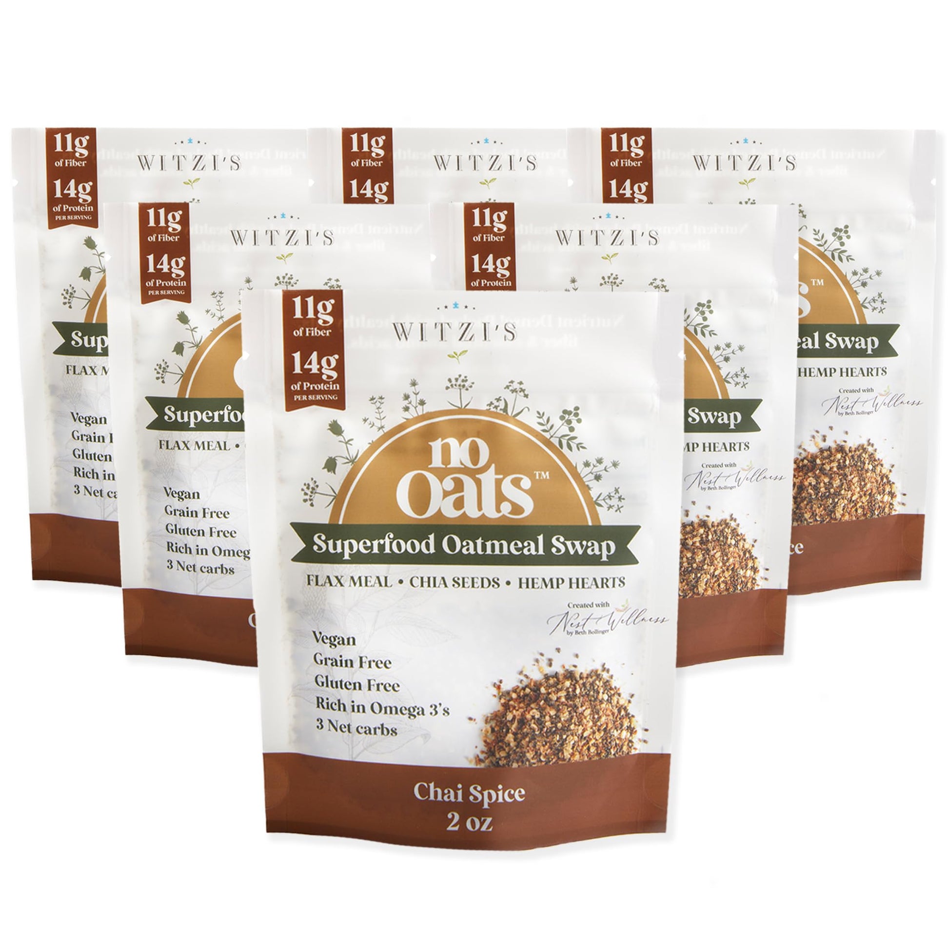 Witzi's No Oats Oatmeal Alternative, Chai Spice, 2oz (Pack of 6), Made with Chia Seeds, Cinnamon & Allspice, Grain Free, Gluten