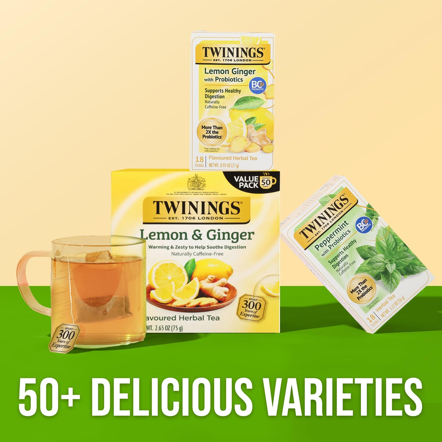Twinings Superblends Probiotics+ Lemon & Ginger Flavoured Herbal Tea with Turmeric Caffeine-Free 18 Count (Pack of 1) Enjoy Hot or Iced 18 Teabags