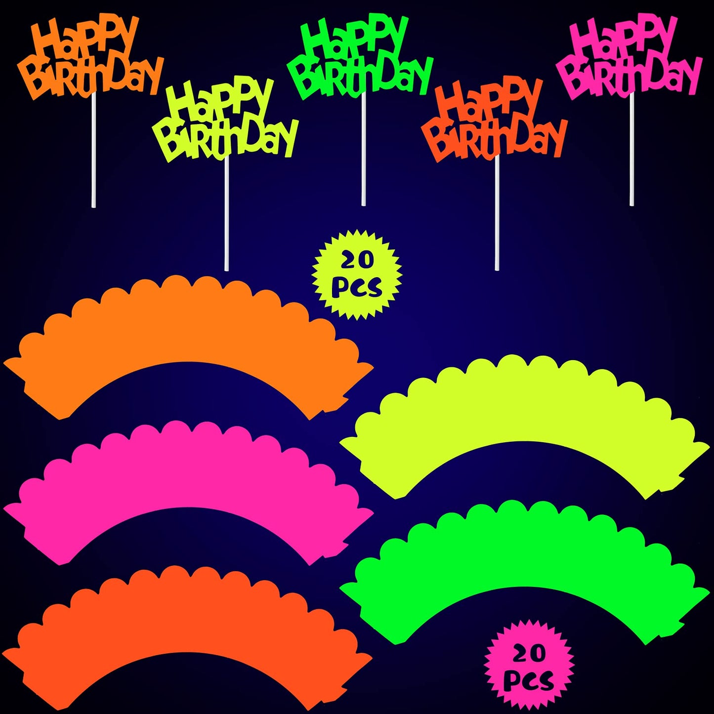 40 Pcs Glow In The Dark Neon Cupcake Toppers Glow Party Supplies Neon Glow Cupcake Wrappers For Glow Neon Birthday Party Wedding