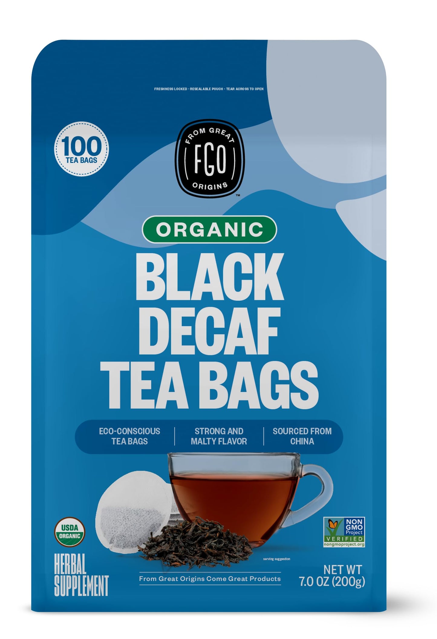 Fgo Organic Black Decaf Tea, 100 Count, Eco-Conscious Tea Bags, Resealable Bag, Packaging May Vary (Pack Of 1)