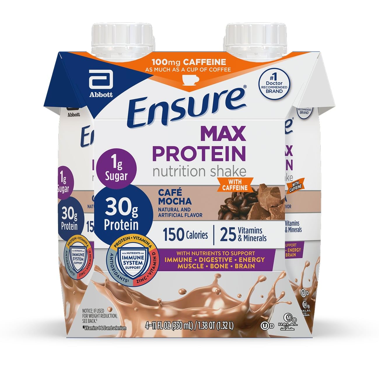 Ensure Max Protein Shake | Cafe Mocha | Ready To Drink | 30G Protein For Muscle Health | 1G Sugar 4G Fiber | 11 Fl Oz 4 Pack