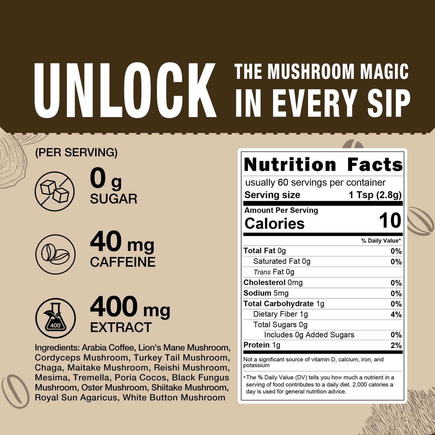 Eco-Taste Mushrooms Coffee 14 In 1-60 Servings, Arabica Coffee With Lion'S Mane, Reishi, Maitake, Turkey Tail, Chaga Fruiting Bo